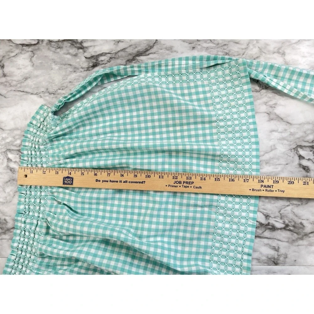 Half Apron Aqua Gingham Check White Cross-stitch Hand Made Pleated Vintage